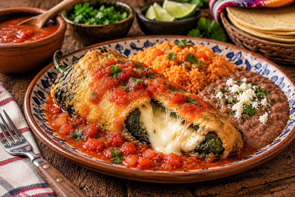Traditional Mexican chile relleno stuffed with melted Oaxaca cheese, coated in golden egg batter, and served with homemade tomato caldillo, Mexican red rice, and refried beans.
