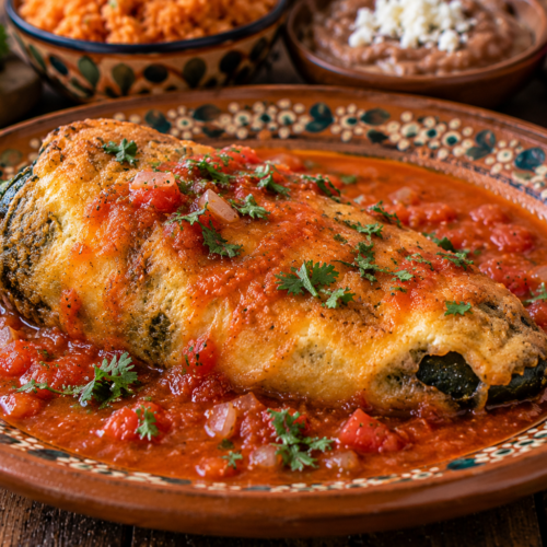 Traditional Mexican chile relleno stuffed with cheese, coated in golden egg batter, and served in homemade red tomato caldillo on a rustic ceramic plate with Mexican rice and refried beans.