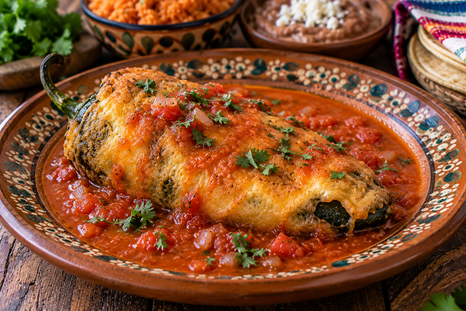 Traditional Mexican chile relleno stuffed with cheese, coated in golden egg batter, and served in homemade red tomato caldillo on a rustic ceramic plate with Mexican rice and refried beans.