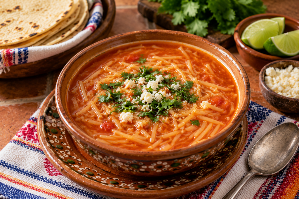 Traditional Mexican sopa de fideo with tender noodles in a rich tomato broth, topped with fresh cilantro and crumbled queso fresco, served in a rustic ceramic bowl.