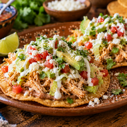 Crispy tostadas de pollo topped with shredded chicken, refried beans, lettuce, avocado, diced tomatoes, queso fresco, and Mexican crema on a rustic ceramic plate.