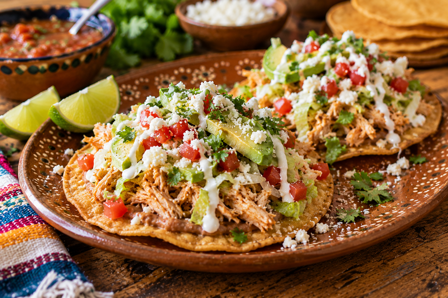 Crispy tostadas de pollo topped with shredded chicken, refried beans, lettuce, avocado, diced tomatoes, queso fresco, and Mexican crema on a rustic ceramic plate.