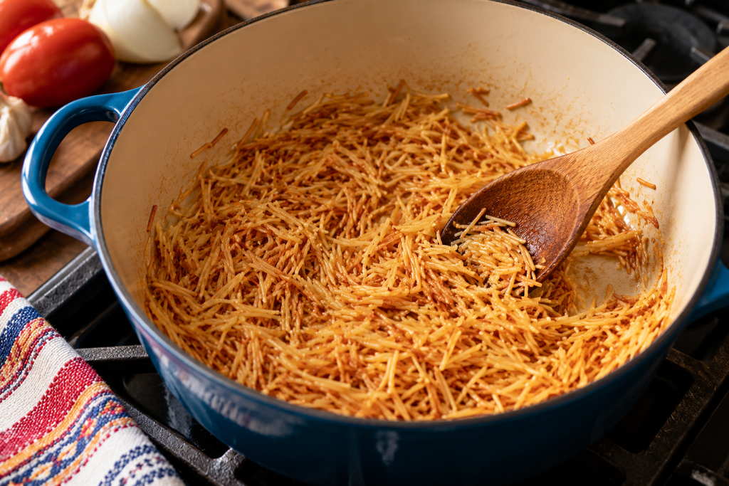 Short fideo noodles being toasted until golden brown in a blue Dutch oven, stirred with a wooden spoon for traditional Mexican sopa de fideo.