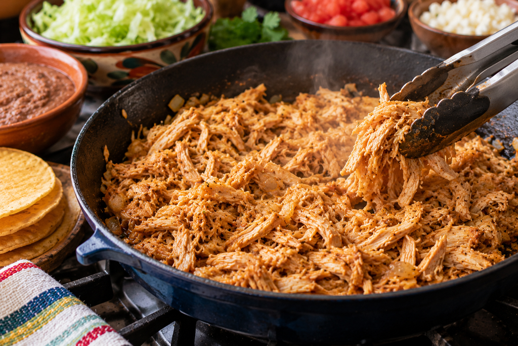Seasoned shredded chicken simmering with onions, garlic, and spices in a skillet for homemade tostadas de pollo, with fresh toppings and crispy corn tortillas nearby.