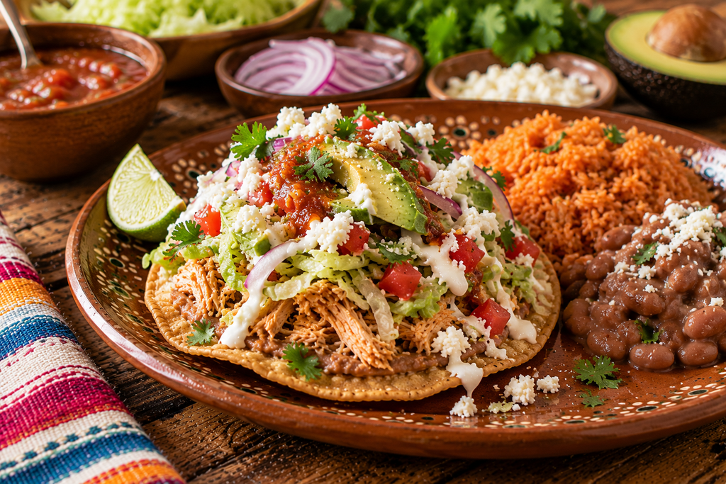 Crispy tostada de pollo topped with seasoned shredded chicken, refried beans, lettuce, avocado, diced tomatoes, queso fresco, Mexican crema, and salsa, served with Mexican rice and beans.